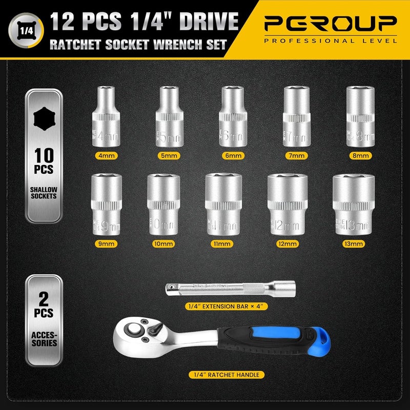 pgroup 12PCS 1/4" Drive Metric Socket Wrench Set, 90-Tooth Reversible Ratchet Handle，6 Point Shallow Sockets (4-13mm) and Extension Bar 4", CR-V Steel, Tool Set For Car,Motorcycle,Bike Repair - Image 3